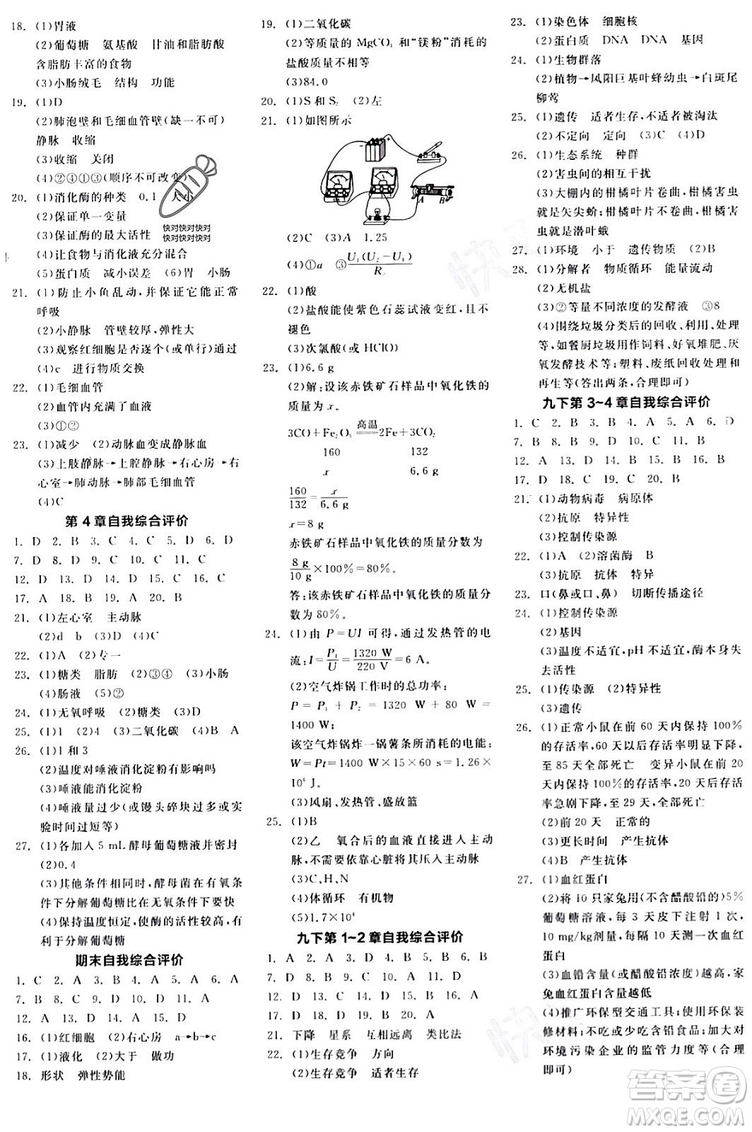 陽光出版社2024年春全品作業(yè)本九年級科學(xué)下冊浙教版浙江專版答案