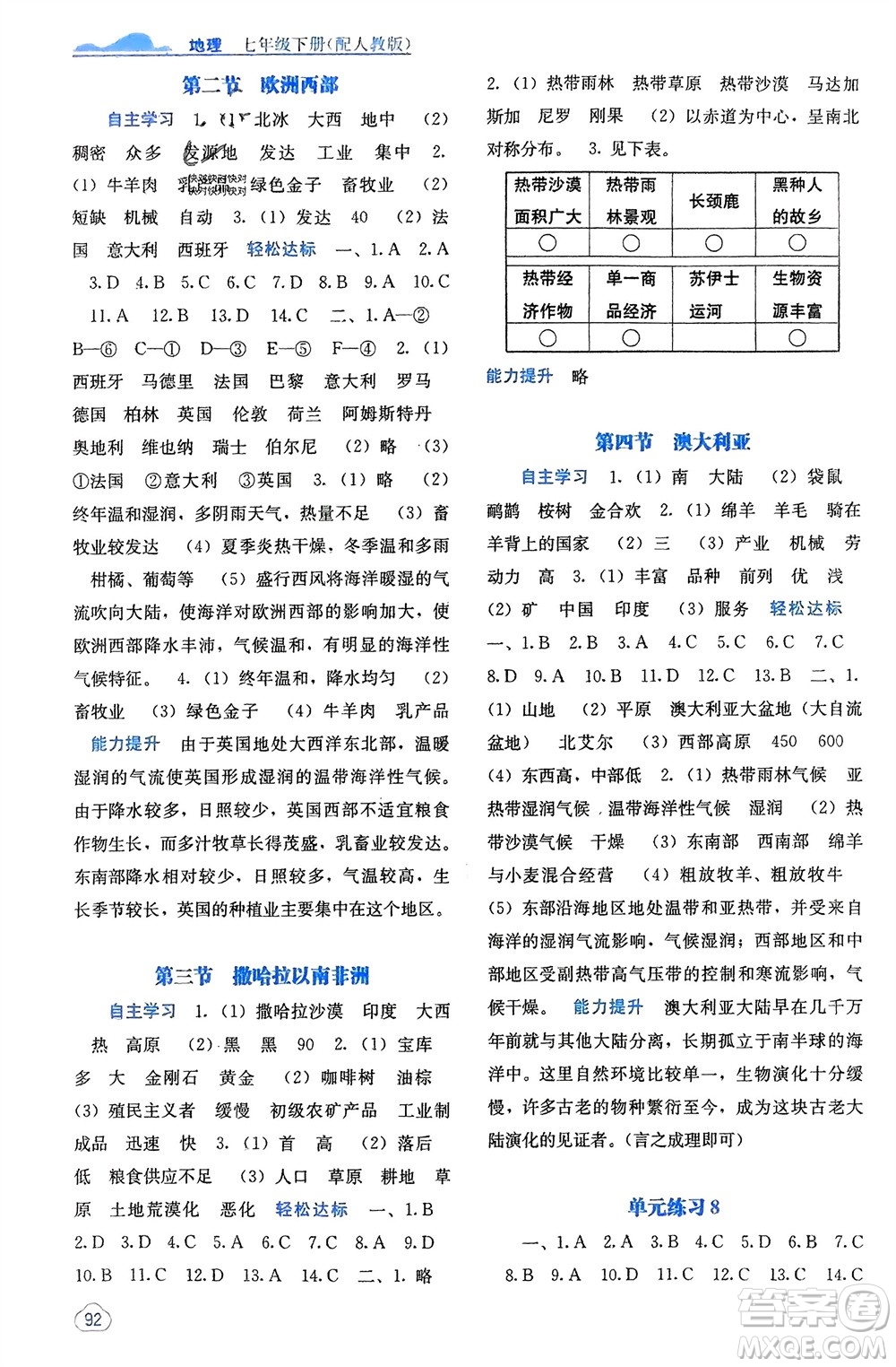 廣西教育出版社2024年春自主學習能力測評七年級地理下冊人教版參考答案