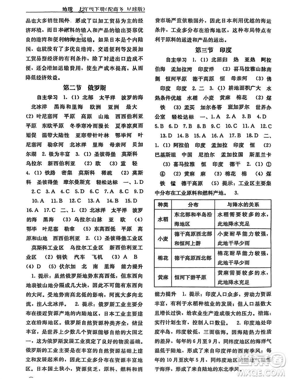 廣西教育出版社2024年春自主學(xué)習(xí)能力測(cè)評(píng)七年級(jí)地理下冊(cè)商務(wù)星球版參考答案