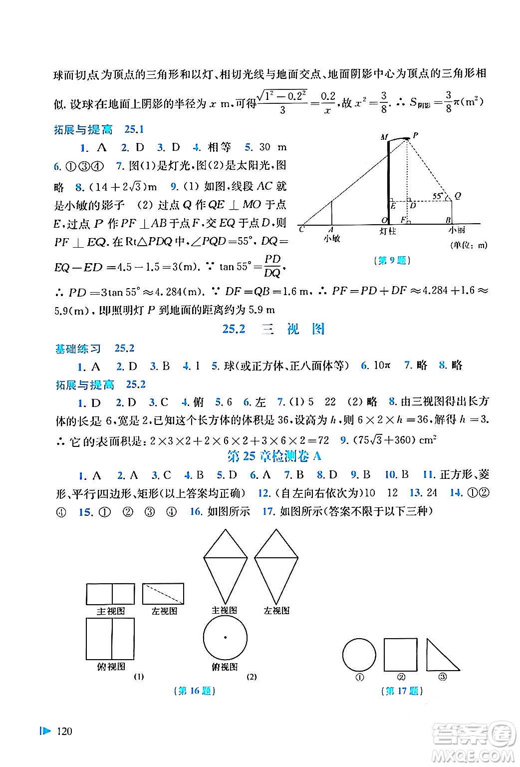 上海科學(xué)技術(shù)出版社2024年春初中數(shù)學(xué)同步練習(xí)九年級(jí)數(shù)學(xué)下冊(cè)滬科版答案