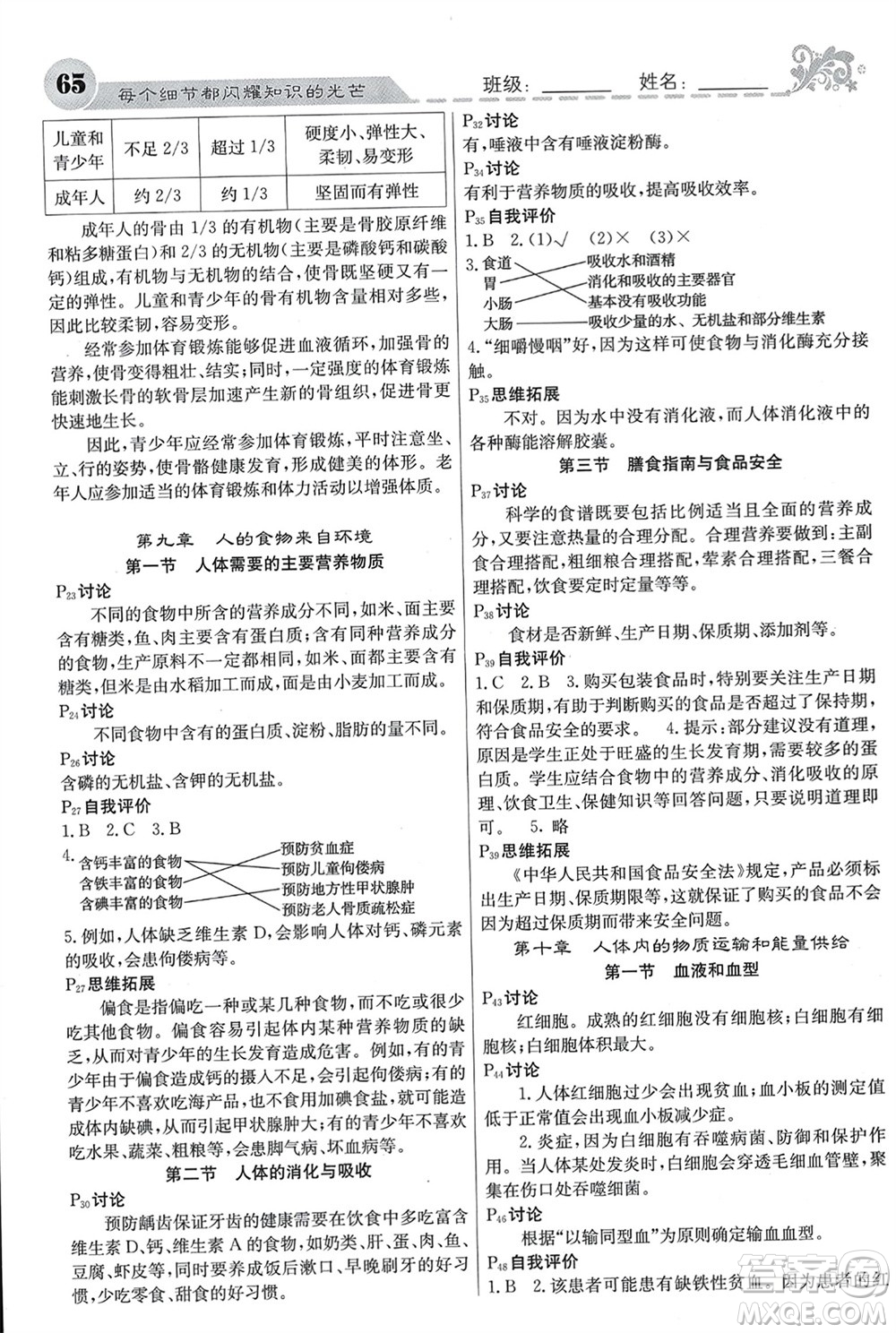 四川大學(xué)出版社2024年春課堂點(diǎn)睛七年級(jí)生物下冊(cè)蘇教版參考答案