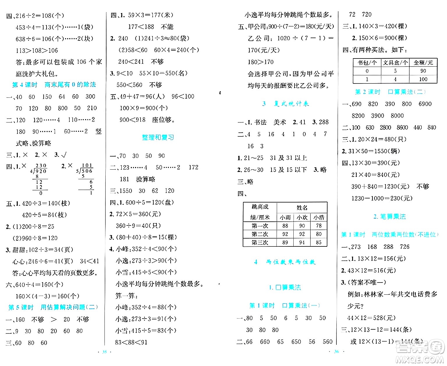 人民教育出版社2024年春小學(xué)同步測控優(yōu)化設(shè)計三年級數(shù)學(xué)下冊人教版陜西專版答案