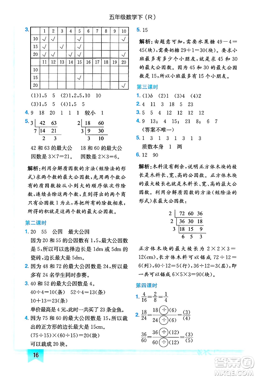 龍門書局2024年春黃岡小狀元作業(yè)本五年級數(shù)學下冊人教版答案