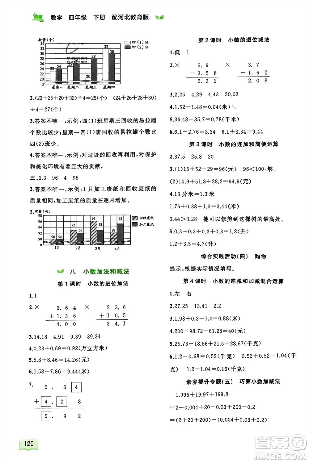 廣西師范大學(xué)出版社2024年春新課程學(xué)習(xí)與測評同步學(xué)習(xí)四年級數(shù)學(xué)下冊冀教版參考答案