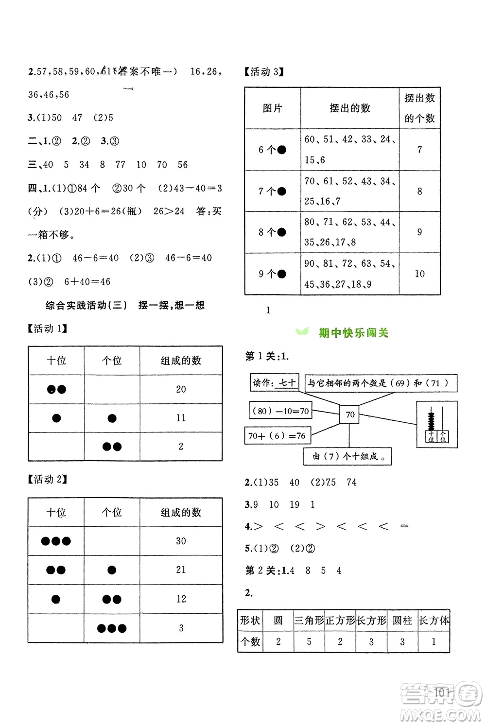 廣西師范大學(xué)出版社2024年春新課程學(xué)習與測評同步學(xué)習一年級數(shù)學(xué)下冊人教版參考答案