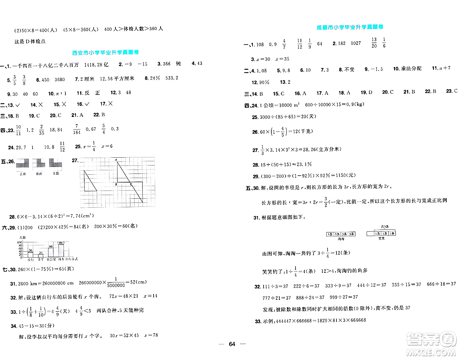 江西教育出版社2024年春陽光同學一線名師全優(yōu)好卷六年級數學下冊北師大版答案