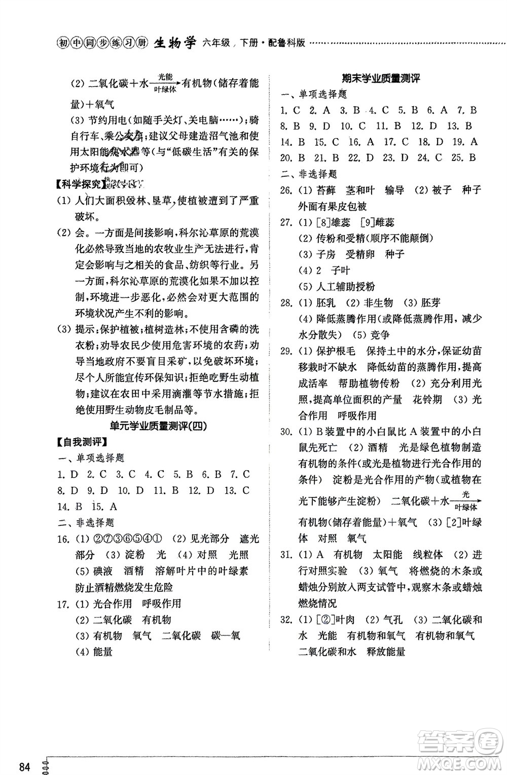 山東教育出版社2024年春初中同步練習(xí)冊六年級生物下冊五四制魯科版參考答案