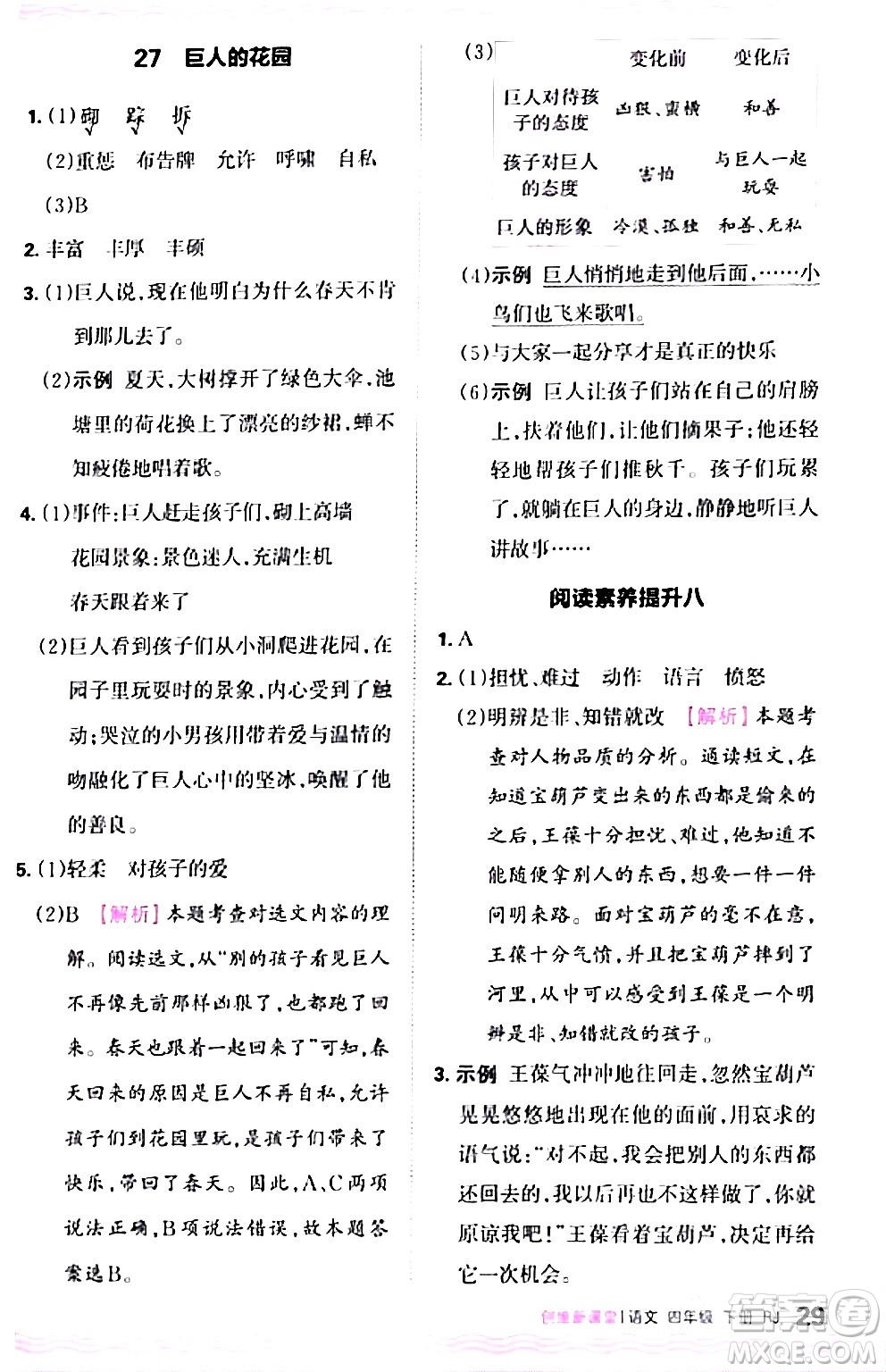 江西人民出版社2024年春王朝霞創(chuàng)維新課堂四年級語文下冊人教版答案