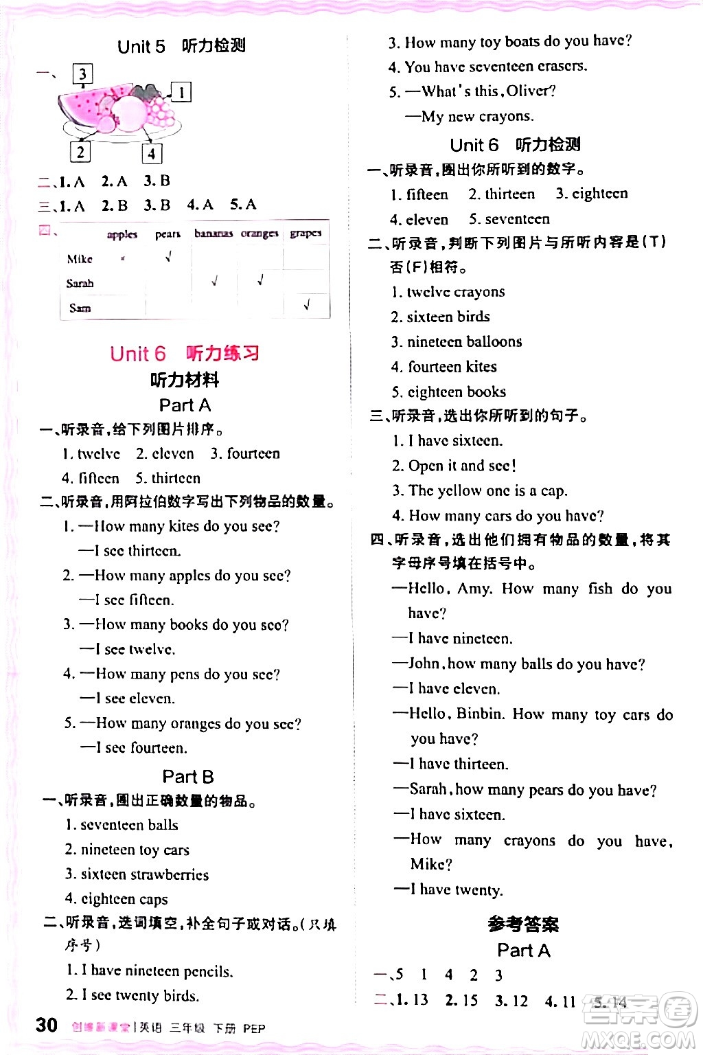 江西人民出版社2024年春王朝霞創(chuàng)維新課堂三年級英語下冊人教PEP版答案