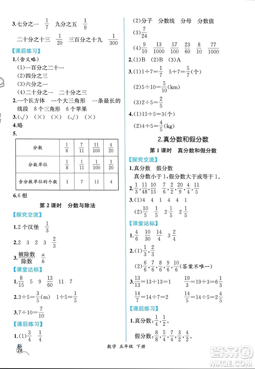 人民教育出版社2024年春人教金學(xué)典同步解析與測(cè)評(píng)五年級(jí)數(shù)學(xué)下冊(cè)人教版云南專版參考答案