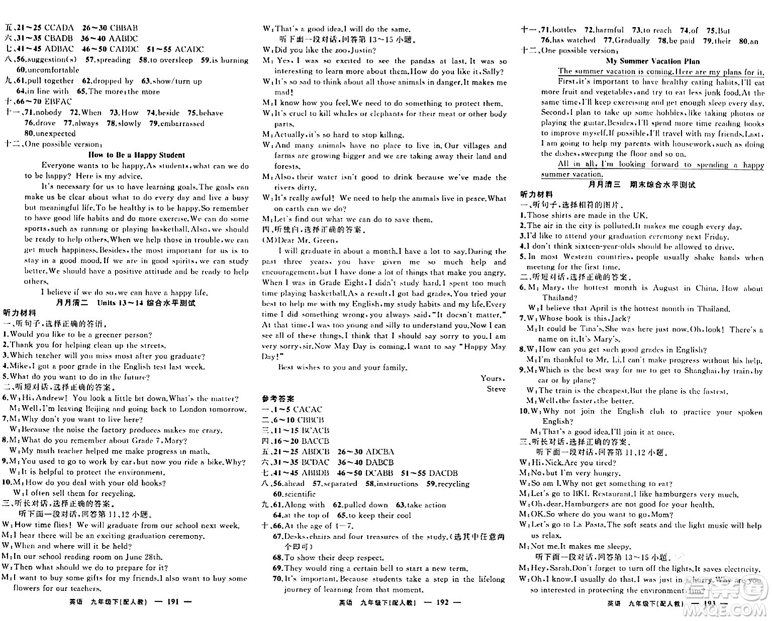 新疆青少年出版社2024年春四清導(dǎo)航九年級英語下冊人教版答案