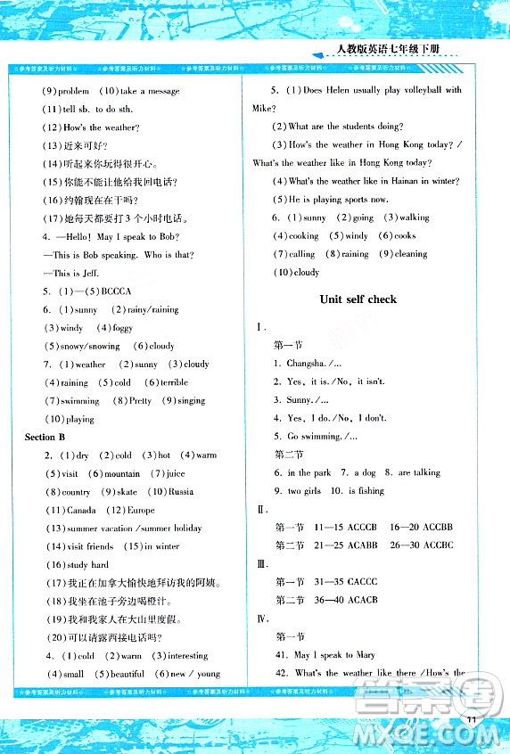 湖南少年兒童出版社2024年春同步實踐評價課程基礎訓練七年級英語下冊人教版答案