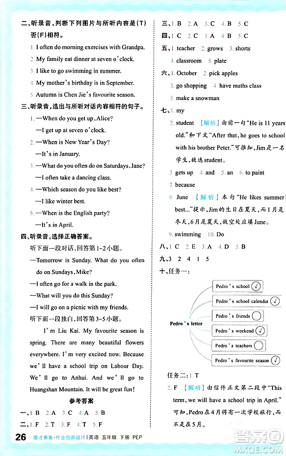 江西人民出版社2024年春王朝霞德才兼?zhèn)渥鳂I(yè)創(chuàng)新設(shè)計五年級英語下冊人教PEP版答案