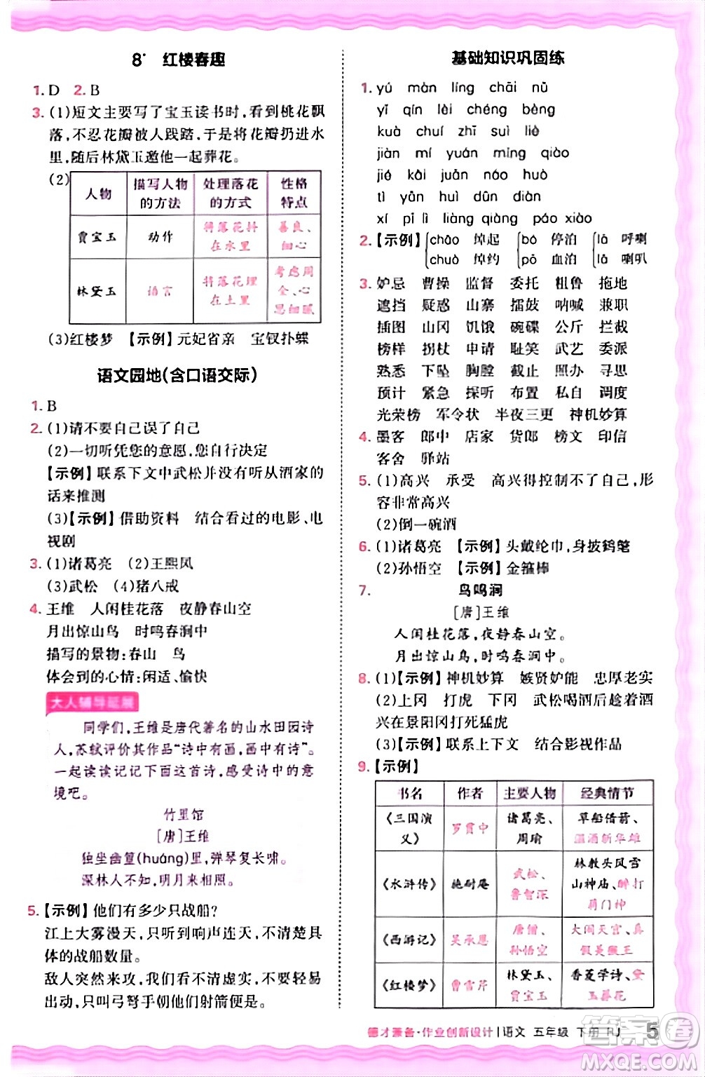 江西人民出版社2024年春王朝霞德才兼?zhèn)渥鳂I(yè)創(chuàng)新設(shè)計五年級語文下冊人教版答案