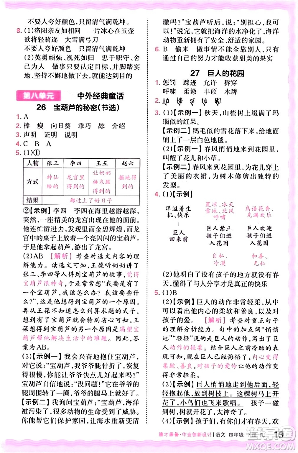 江西人民出版社2024年春王朝霞德才兼?zhèn)渥鳂I(yè)創(chuàng)新設(shè)計四年級語文下冊人教版答案