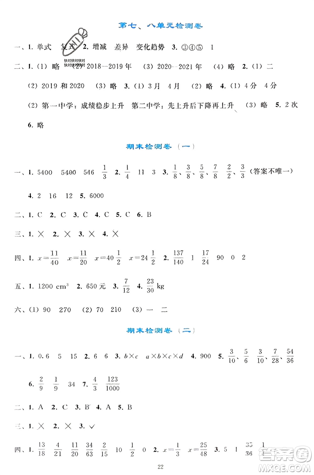 人民教育出版社2024年春同步輕松練習(xí)五年級(jí)數(shù)學(xué)下冊(cè)人教版參考答案