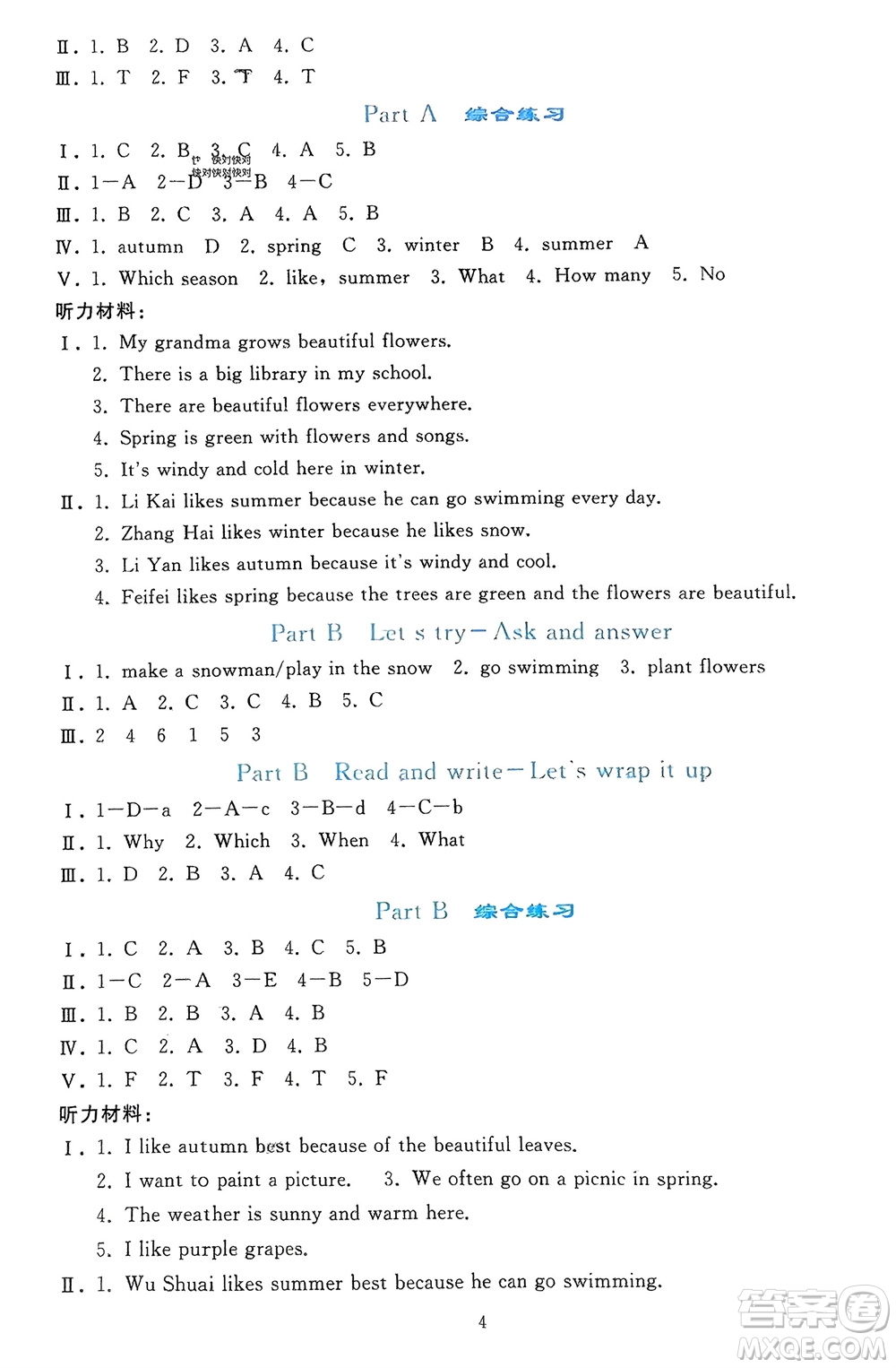 人民教育出版社2024年春同步輕松練習(xí)五年級(jí)英語(yǔ)下冊(cè)人教版參考答案