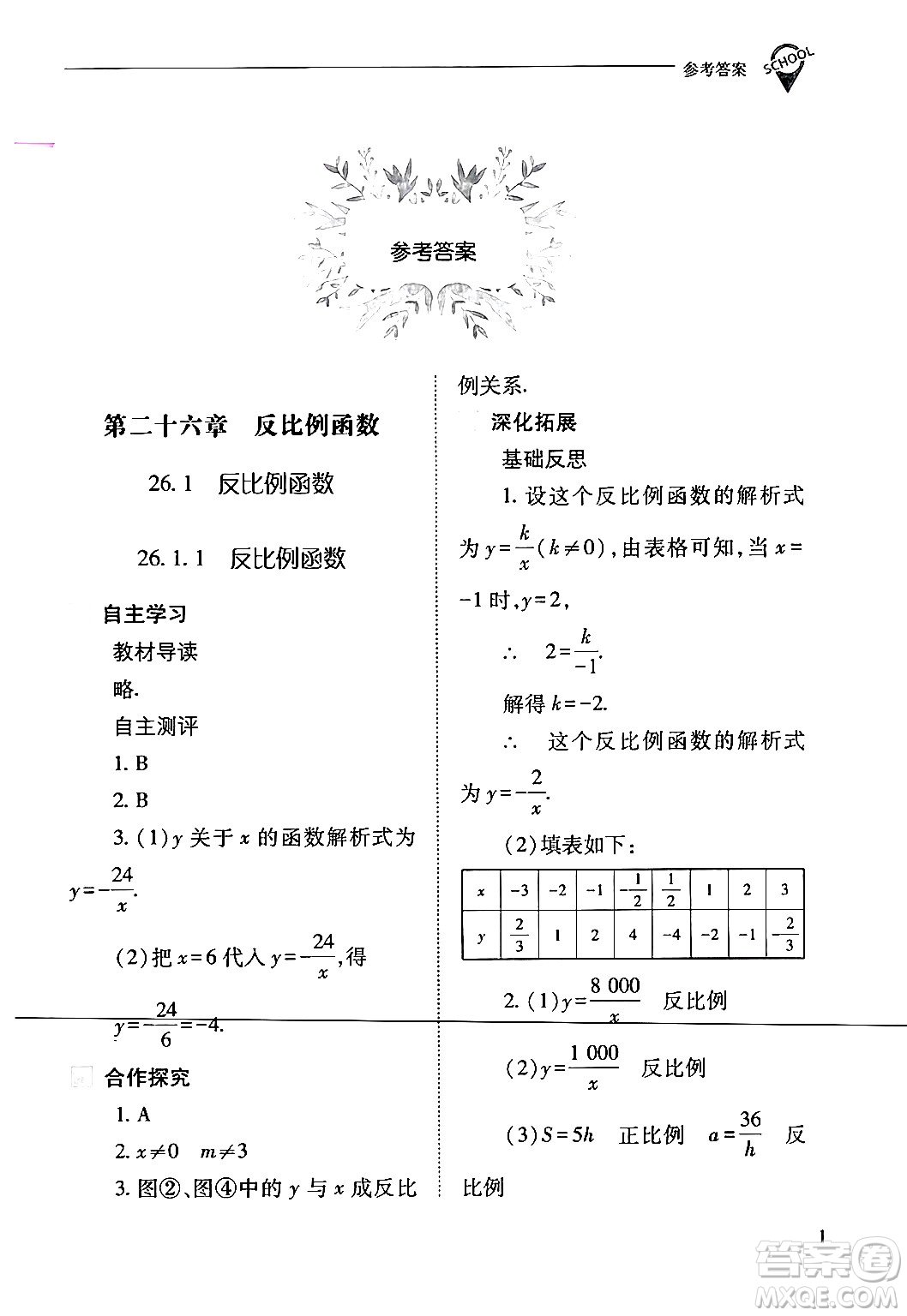 山西教育出版社2024年春新課程問(wèn)題解決導(dǎo)學(xué)方案九年級(jí)數(shù)學(xué)下冊(cè)人教版答案