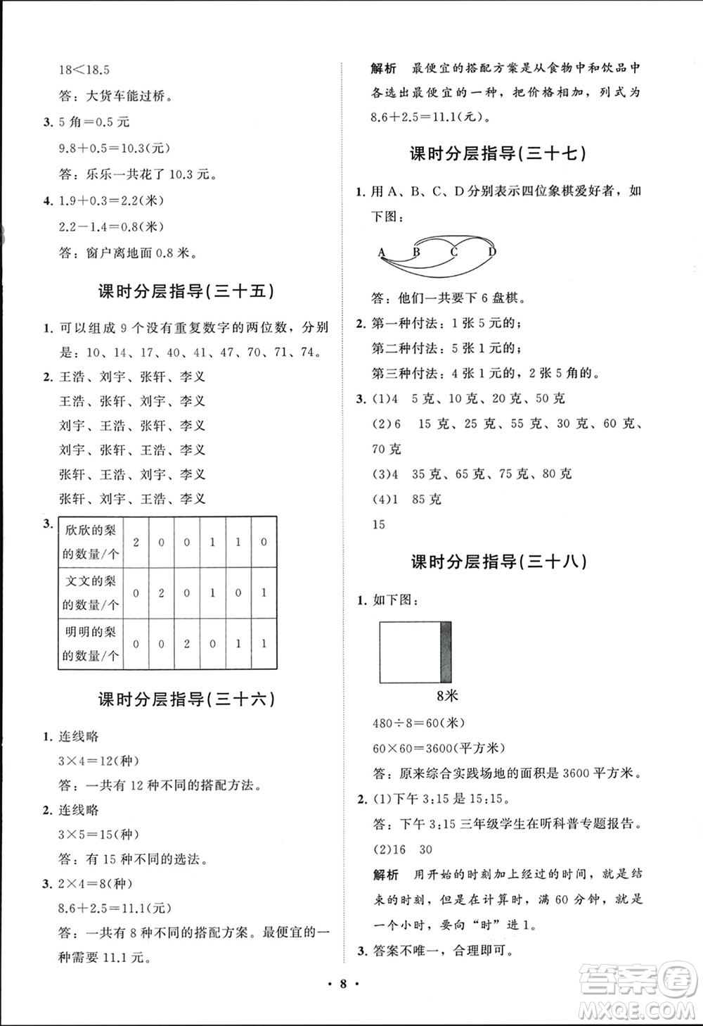 山東教育出版社2024年春小學同步練習冊分層指導三年級數(shù)學下冊人教版參考答案