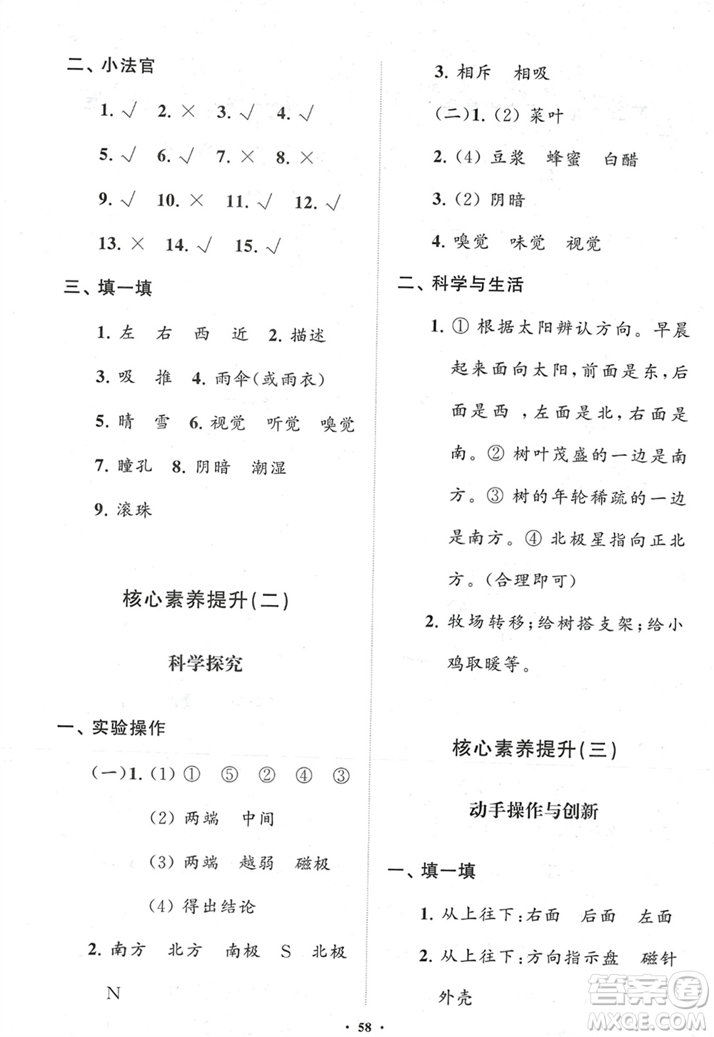 山東教育出版社2024年春小學(xué)同步練習(xí)冊(cè)分層指導(dǎo)二年級(jí)科學(xué)下冊(cè)五四制通用版參考答案