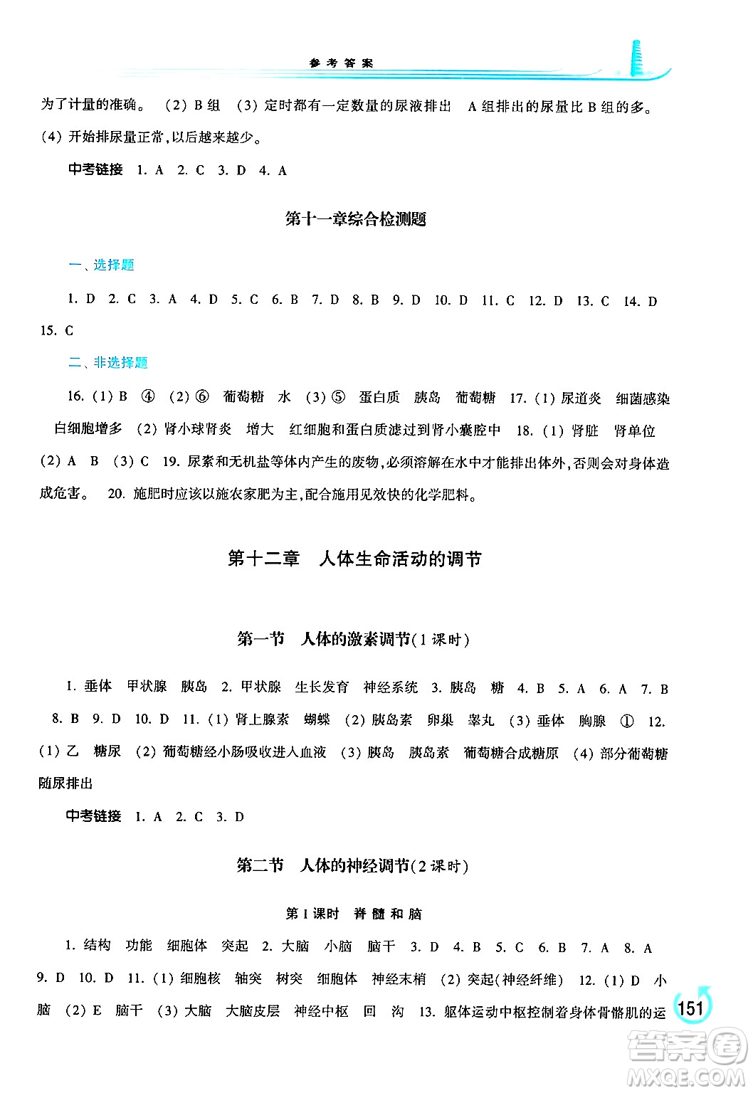 河南大學(xué)出版社2024年春學(xué)習(xí)檢測七年級生物下冊蘇教版答案