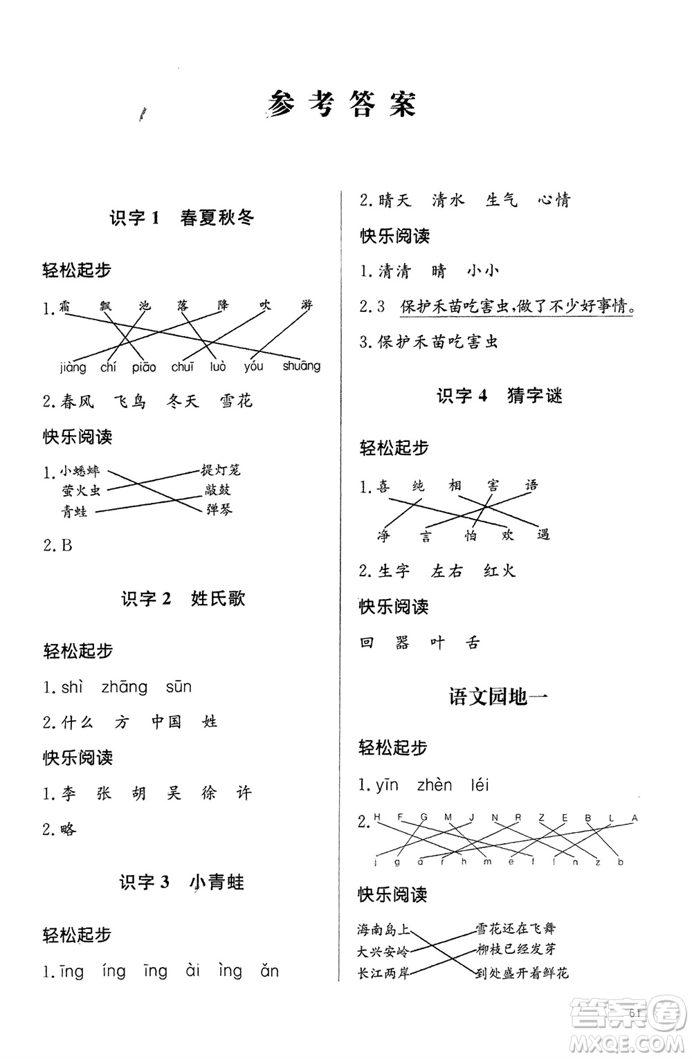 山東人民出版社2024年春小學(xué)同步練習(xí)冊(cè)一年級(jí)語文下冊(cè)六三制人教版參考答案