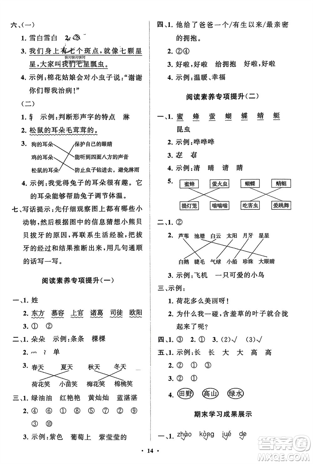 山東教育出版社2024年春小學(xué)同步練習(xí)冊(cè)分層指導(dǎo)一年級(jí)語文下冊(cè)五四制通用版參考答案