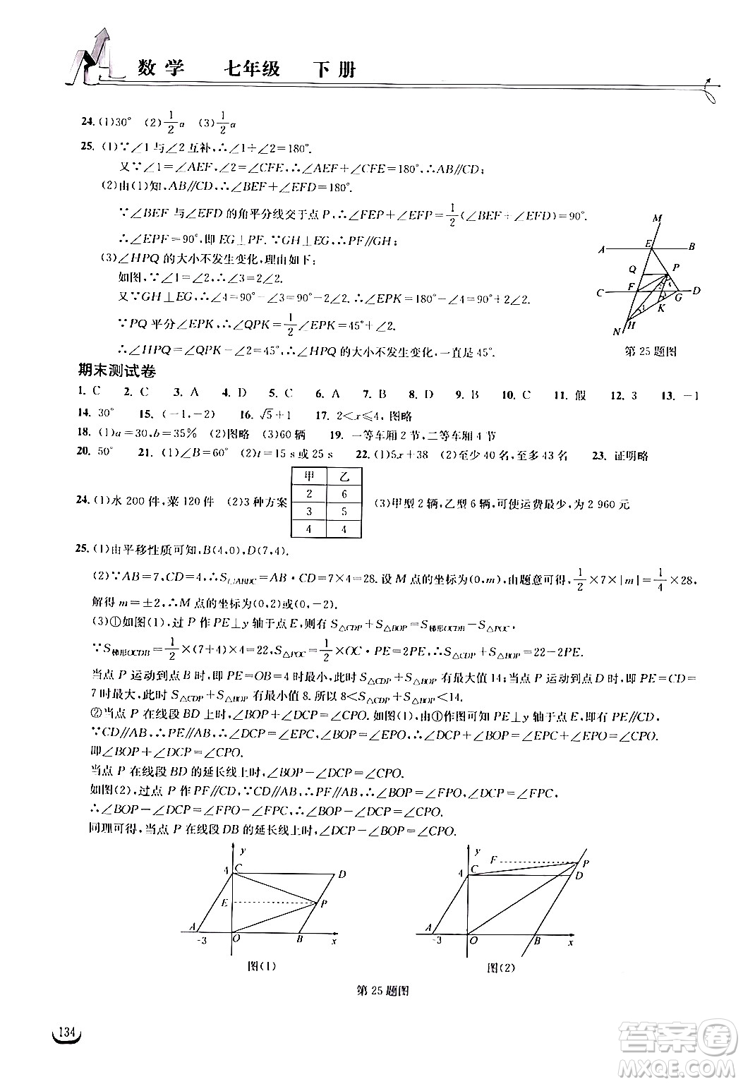 湖北教育出版社2024年春長江作業(yè)本同步練習冊七年級數(shù)學下冊人教版答案