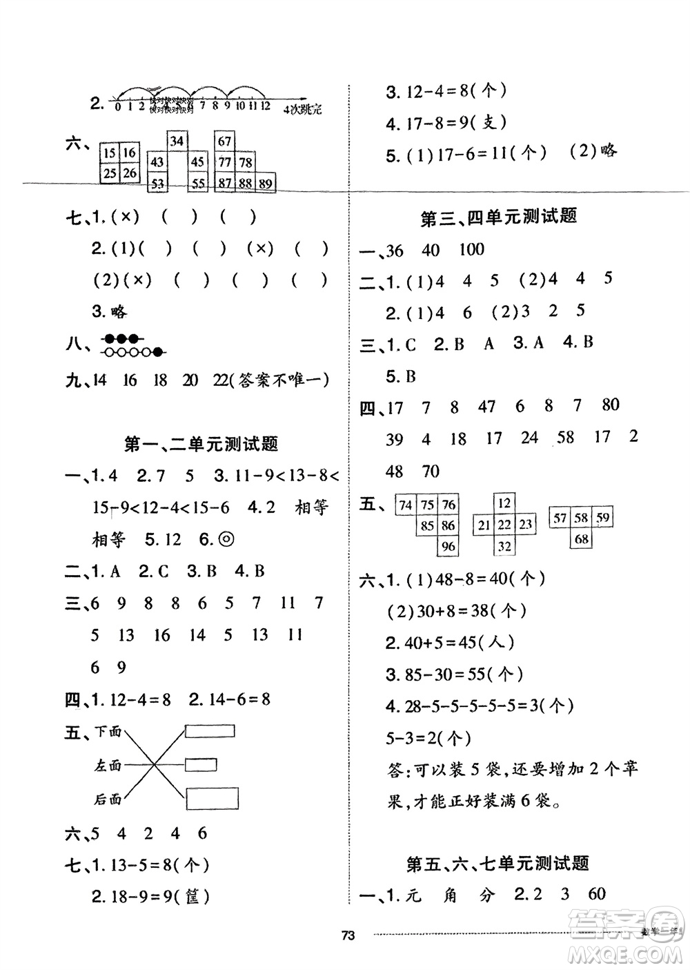 山東科學(xué)技術(shù)出版社2024年春同步練習(xí)冊配套單元自測卷一年級數(shù)學(xué)下冊通用版參考答案