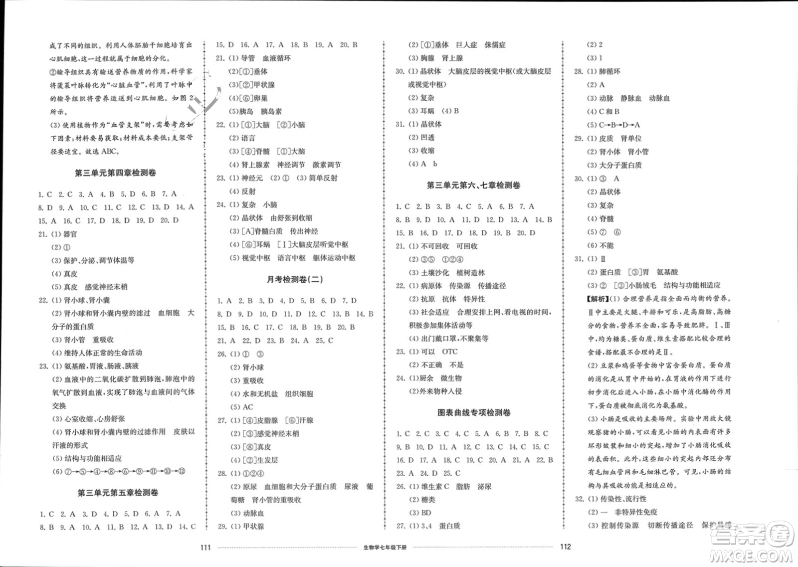 山東科學(xué)技術(shù)出版社2024年春同步練習(xí)冊(cè)配套單元檢測(cè)卷七年級(jí)生物下冊(cè)通用版參考答案