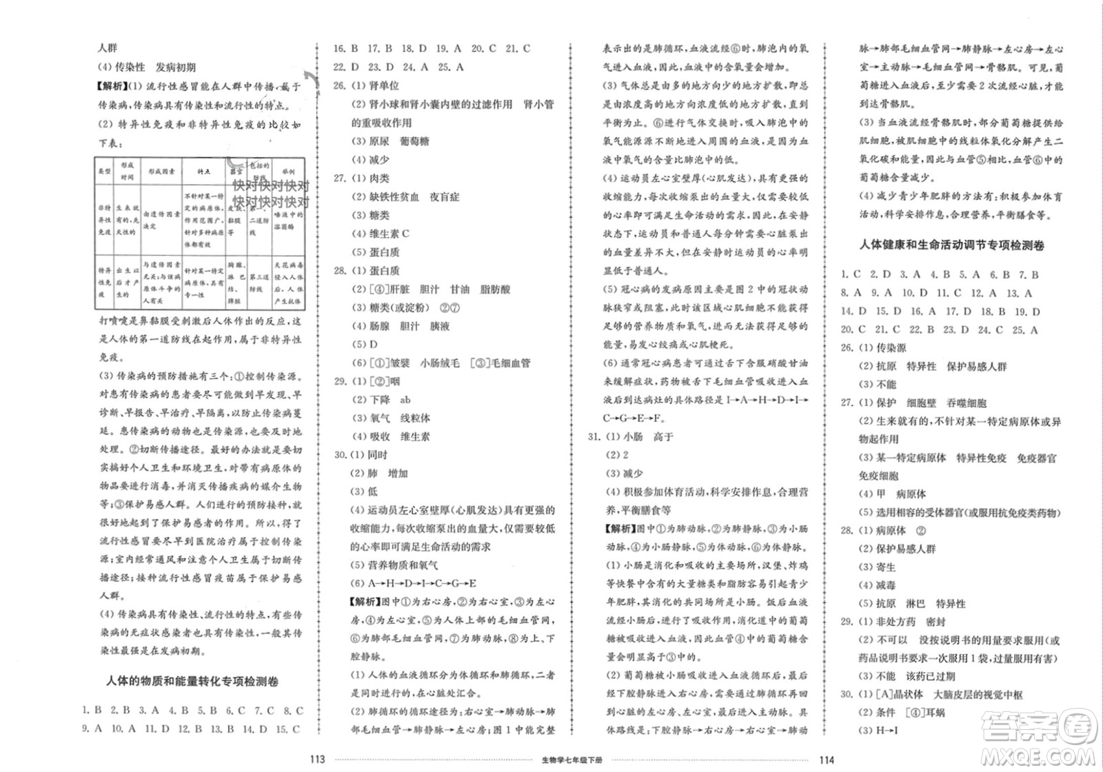 山東科學(xué)技術(shù)出版社2024年春同步練習(xí)冊(cè)配套單元檢測(cè)卷七年級(jí)生物下冊(cè)通用版參考答案