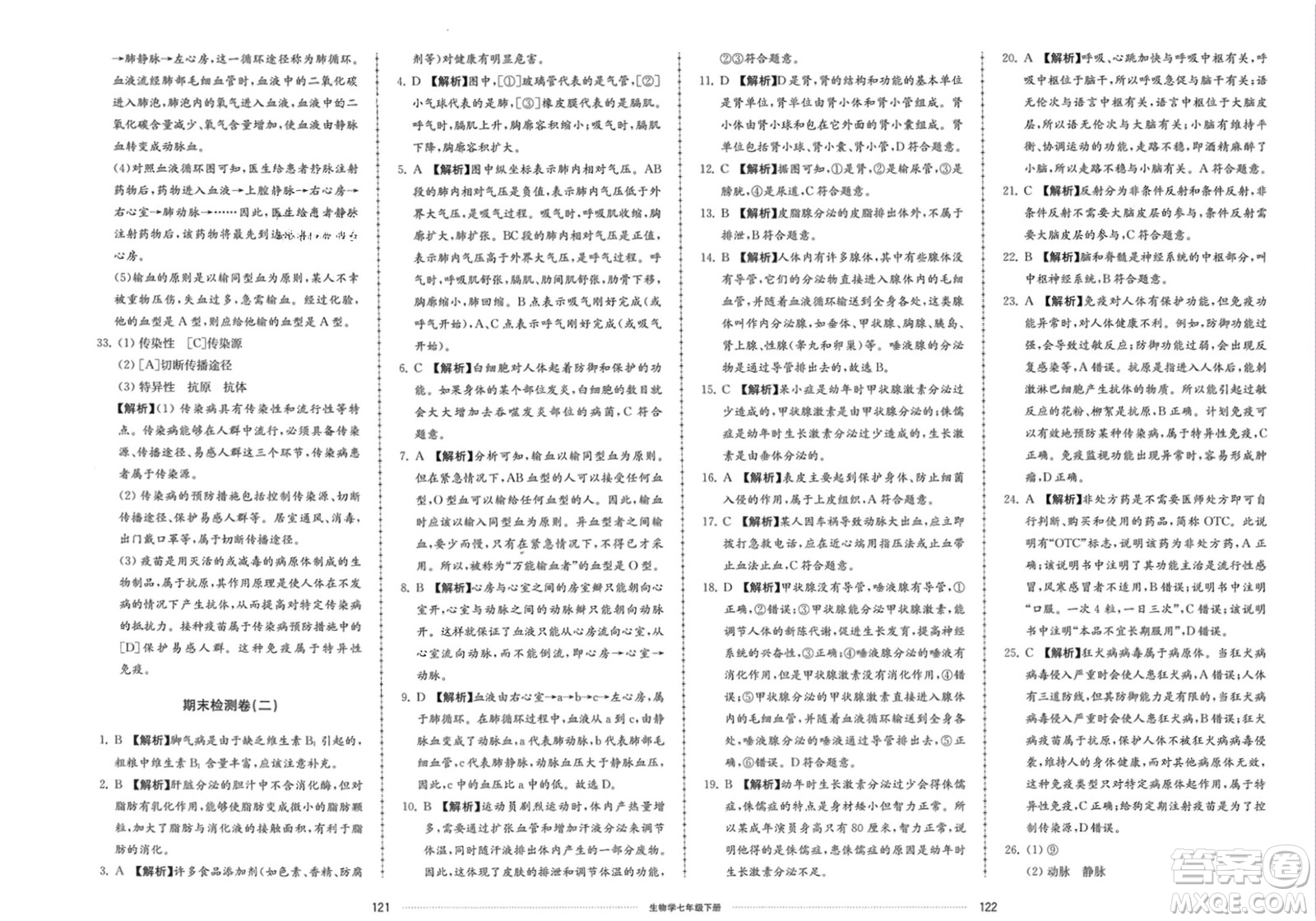 山東科學(xué)技術(shù)出版社2024年春同步練習(xí)冊(cè)配套單元檢測(cè)卷七年級(jí)生物下冊(cè)通用版參考答案