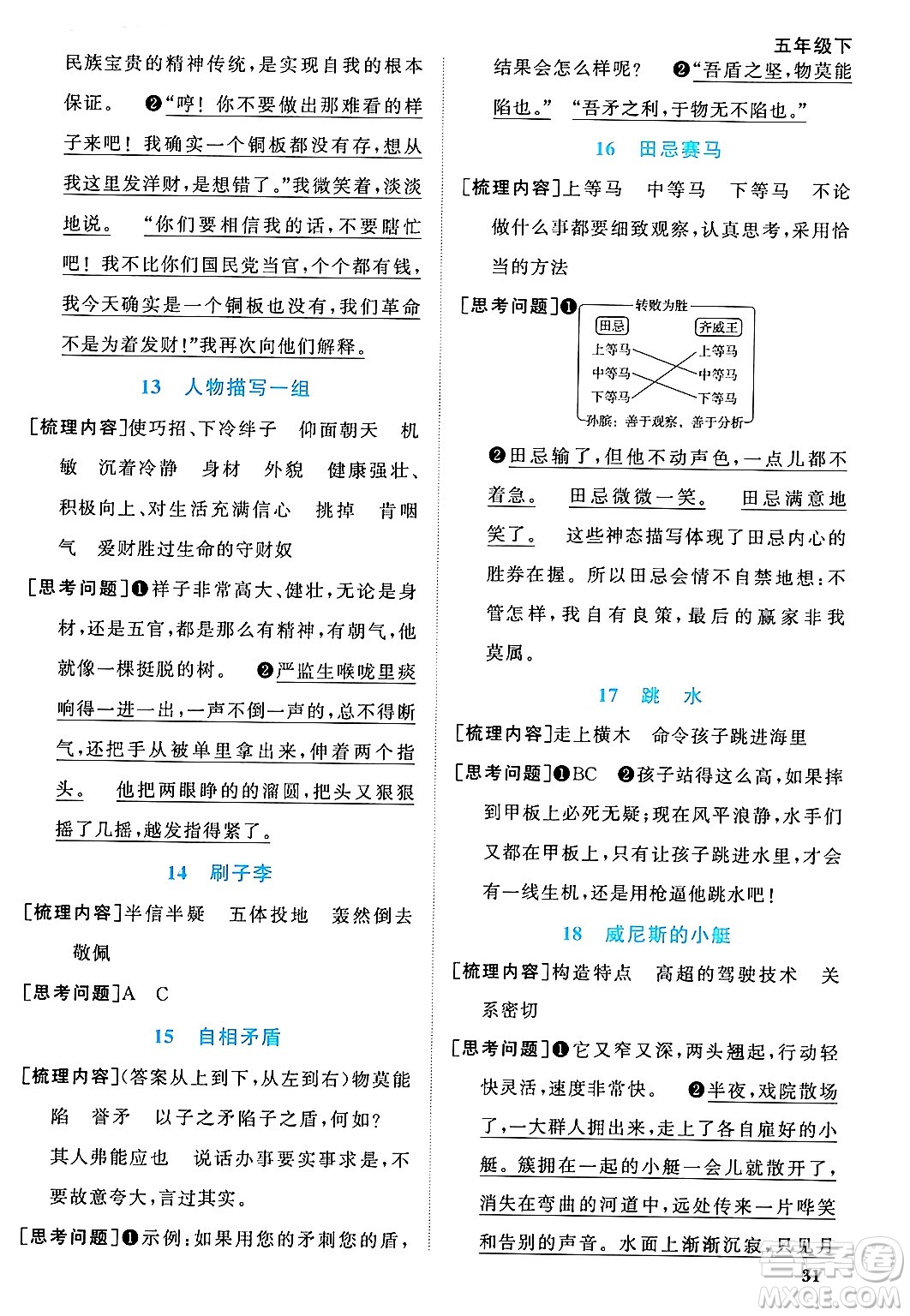 福建少年兒童出版社2024年春陽光同學(xué)課時(shí)優(yōu)化作業(yè)五年級語文下冊福建專版答案