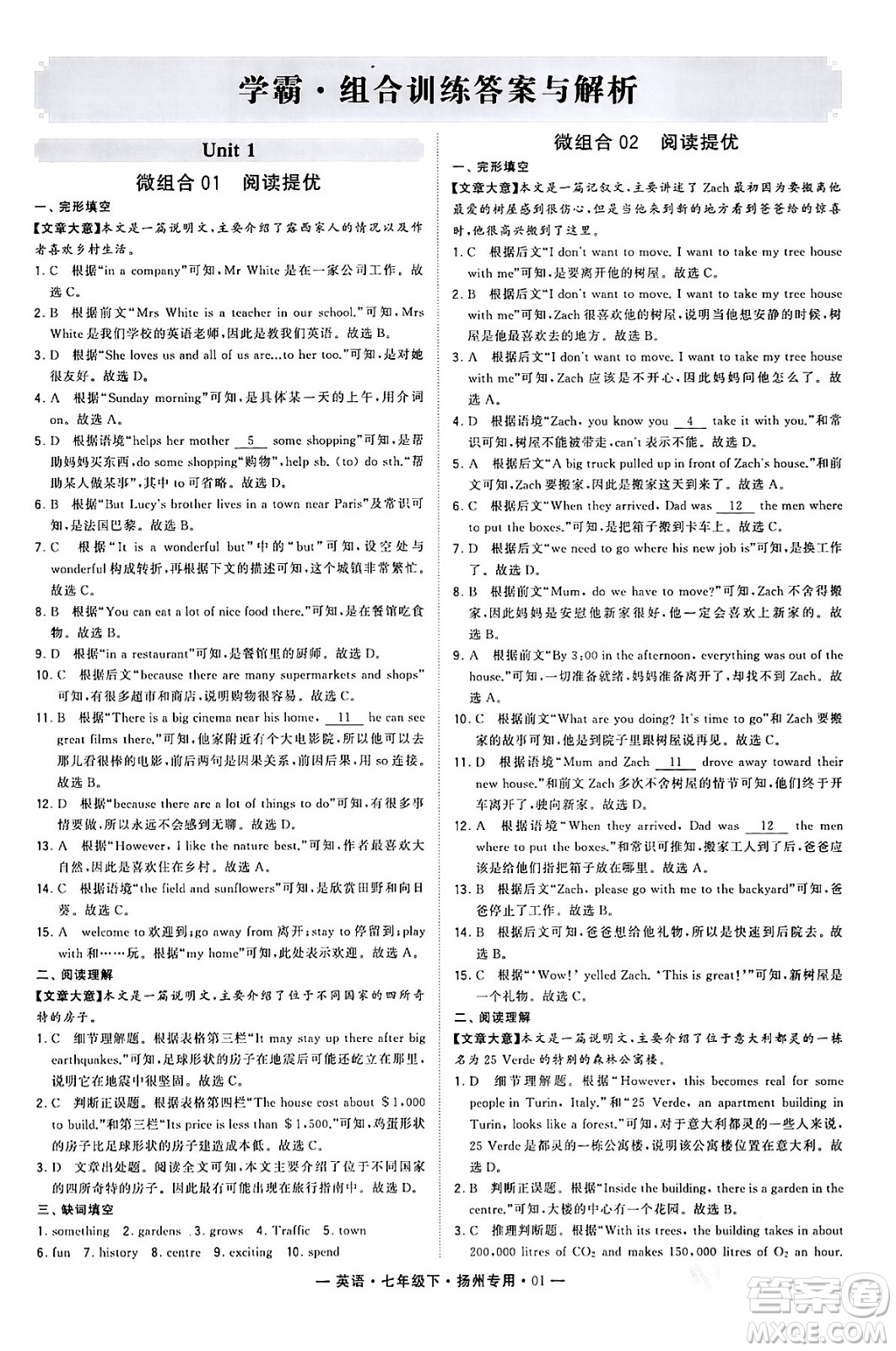 河海大學出版社2024年春經(jīng)綸學典學霸組合訓練七年級英語下冊揚州專版答案