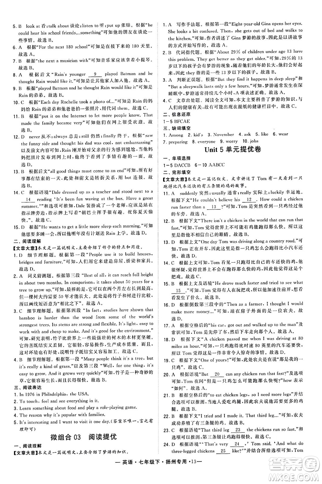 河海大學出版社2024年春經(jīng)綸學典學霸組合訓練七年級英語下冊揚州專版答案