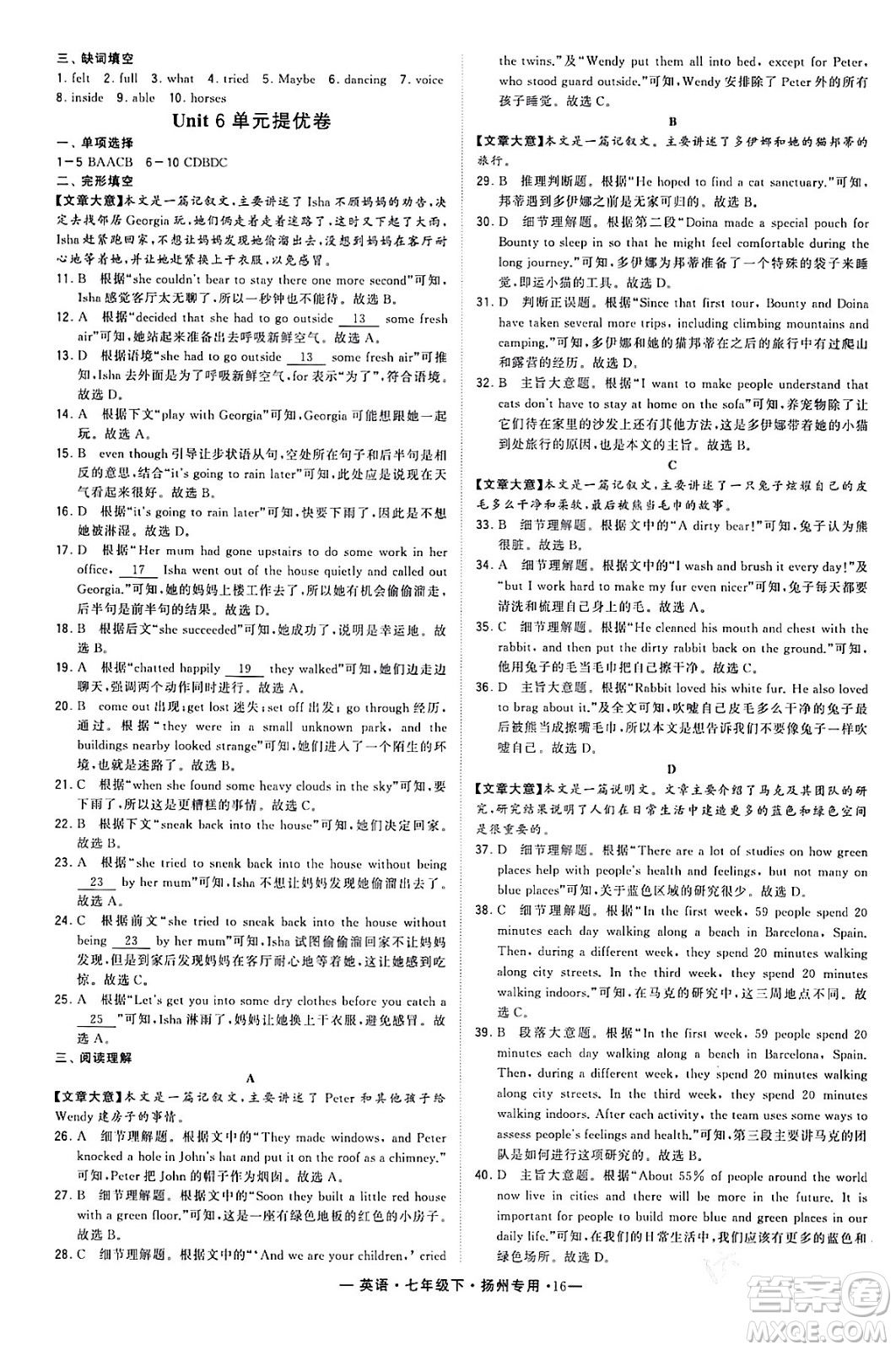 河海大學出版社2024年春經(jīng)綸學典學霸組合訓練七年級英語下冊揚州專版答案