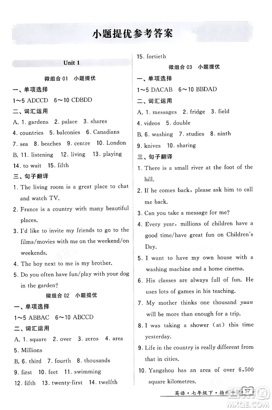 河海大學出版社2024年春經(jīng)綸學典學霸組合訓練七年級英語下冊揚州專版答案