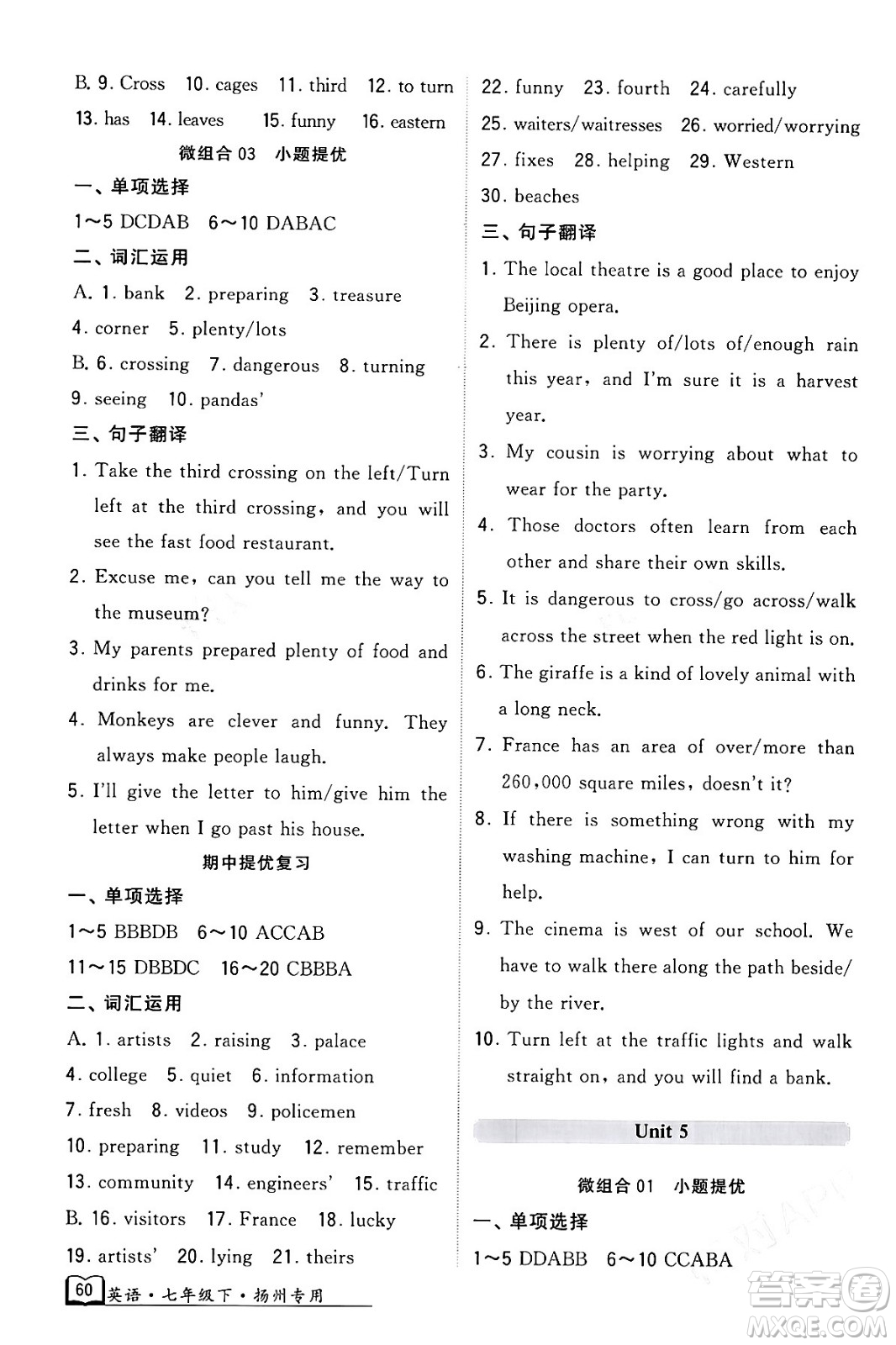 河海大學出版社2024年春經(jīng)綸學典學霸組合訓練七年級英語下冊揚州專版答案