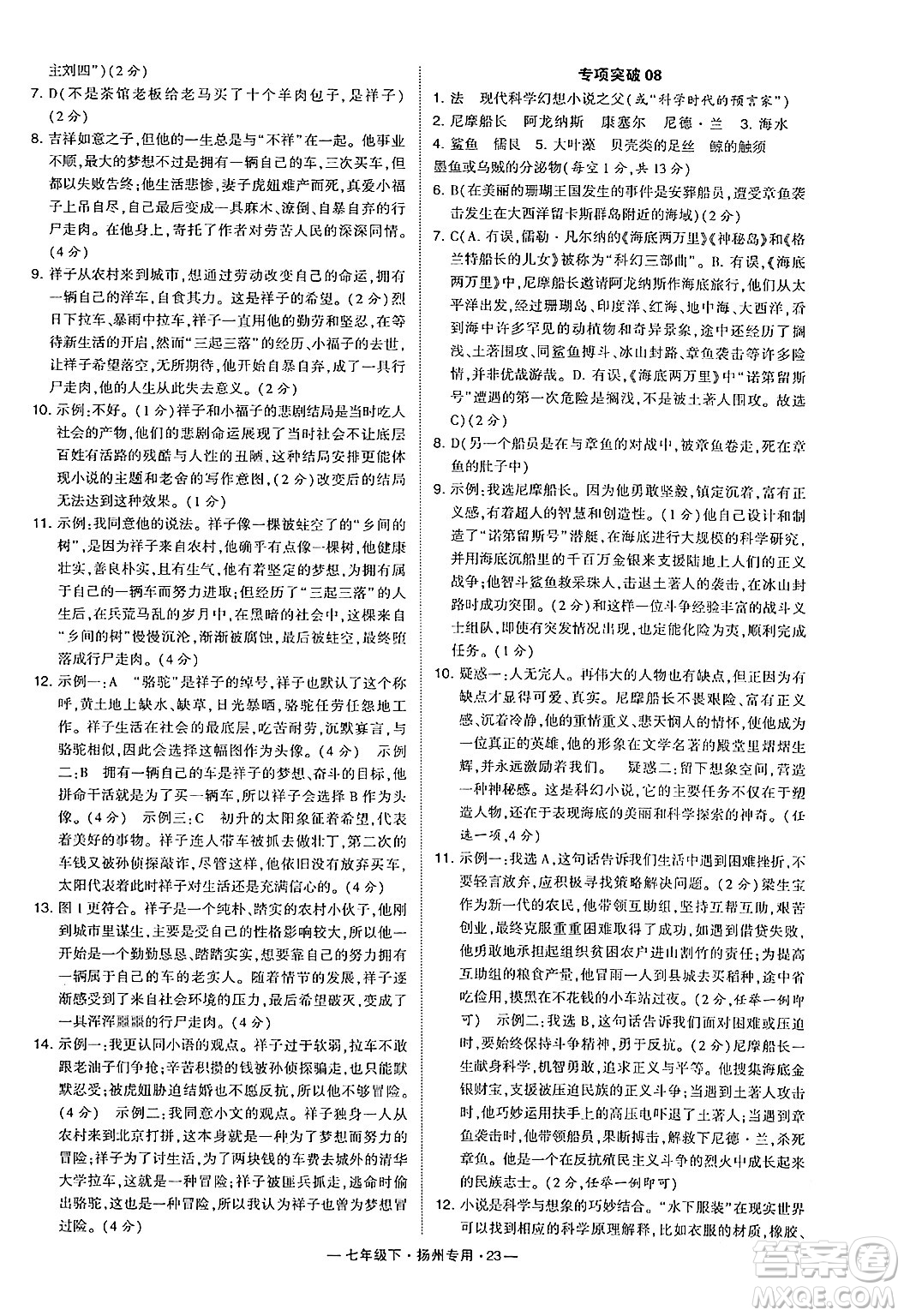 河海大學(xué)出版社2024年春經(jīng)綸學(xué)典學(xué)霸組合訓(xùn)練七年級語文下冊揚州專版答案