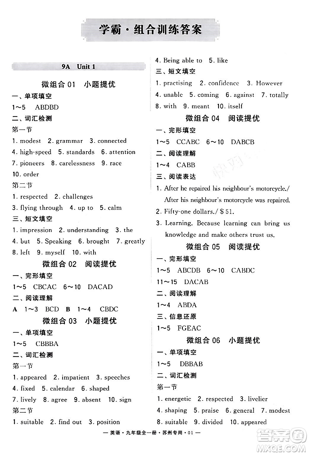 河海大學(xué)出版社2024年春經(jīng)綸學(xué)典學(xué)霸組合訓(xùn)練九年級(jí)英語(yǔ)下冊(cè)蘇州專(zhuān)版答案