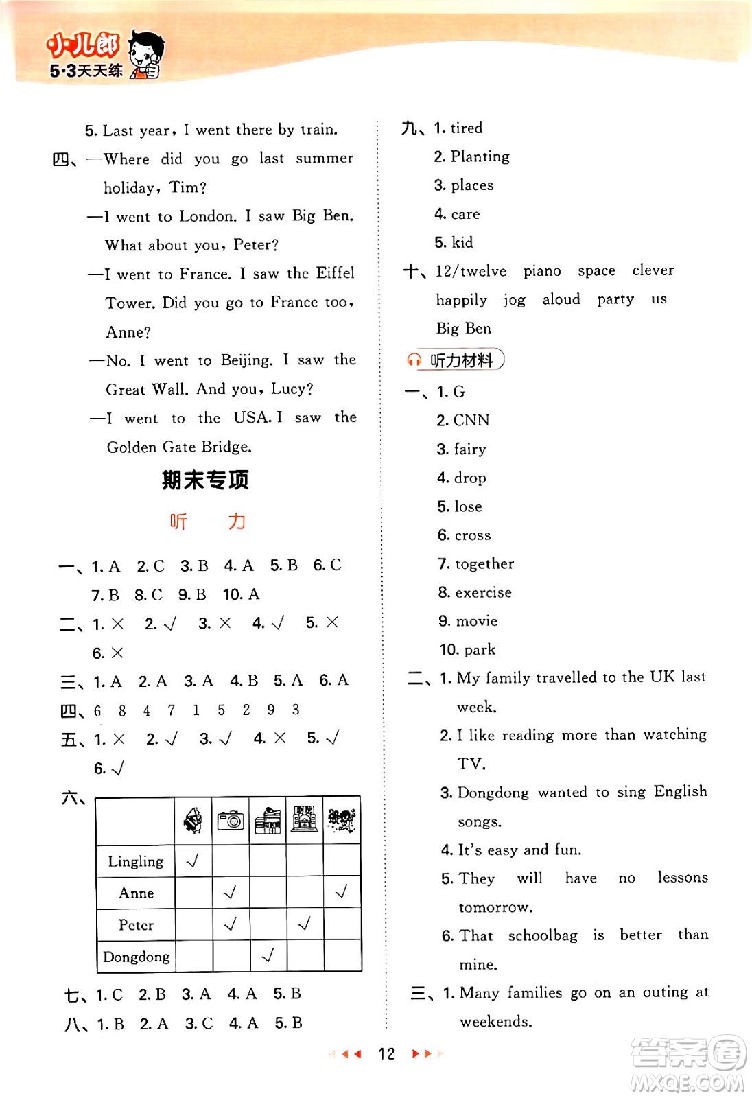 地質(zhì)出版社2024年春53天天練六年級(jí)英語(yǔ)下冊(cè)西師版答案