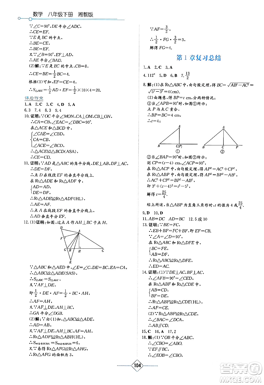 湖南教育出版社2024年春學(xué)法大視野八年級數(shù)學(xué)下冊湘教版答案