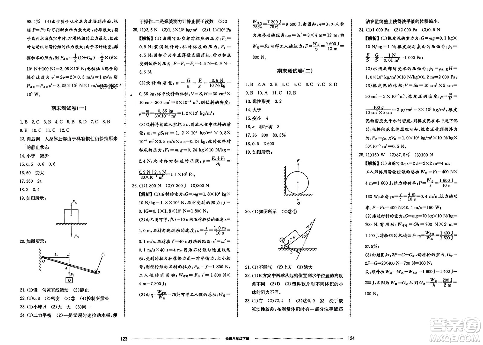 山東科學(xué)技術(shù)出版社2024年春同步練習(xí)冊配套單元檢測卷八年級物理下冊通用版參考答案