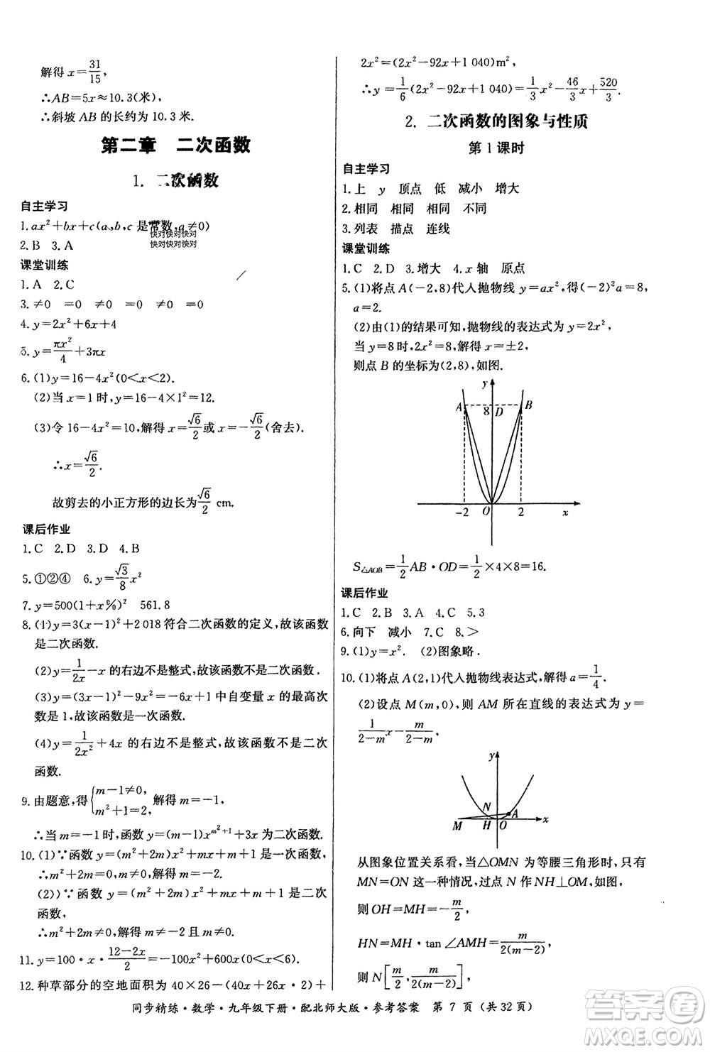 廣東人民出版社2024年春同步精練九年級(jí)數(shù)學(xué)下冊(cè)北師大版參考答案