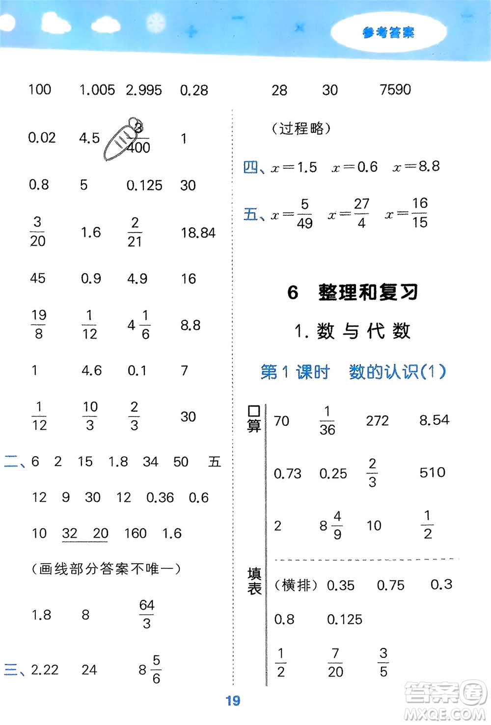 教育科學出版社2024年春小學口算大通關(guān)六年級數(shù)學下冊人教版參考答案