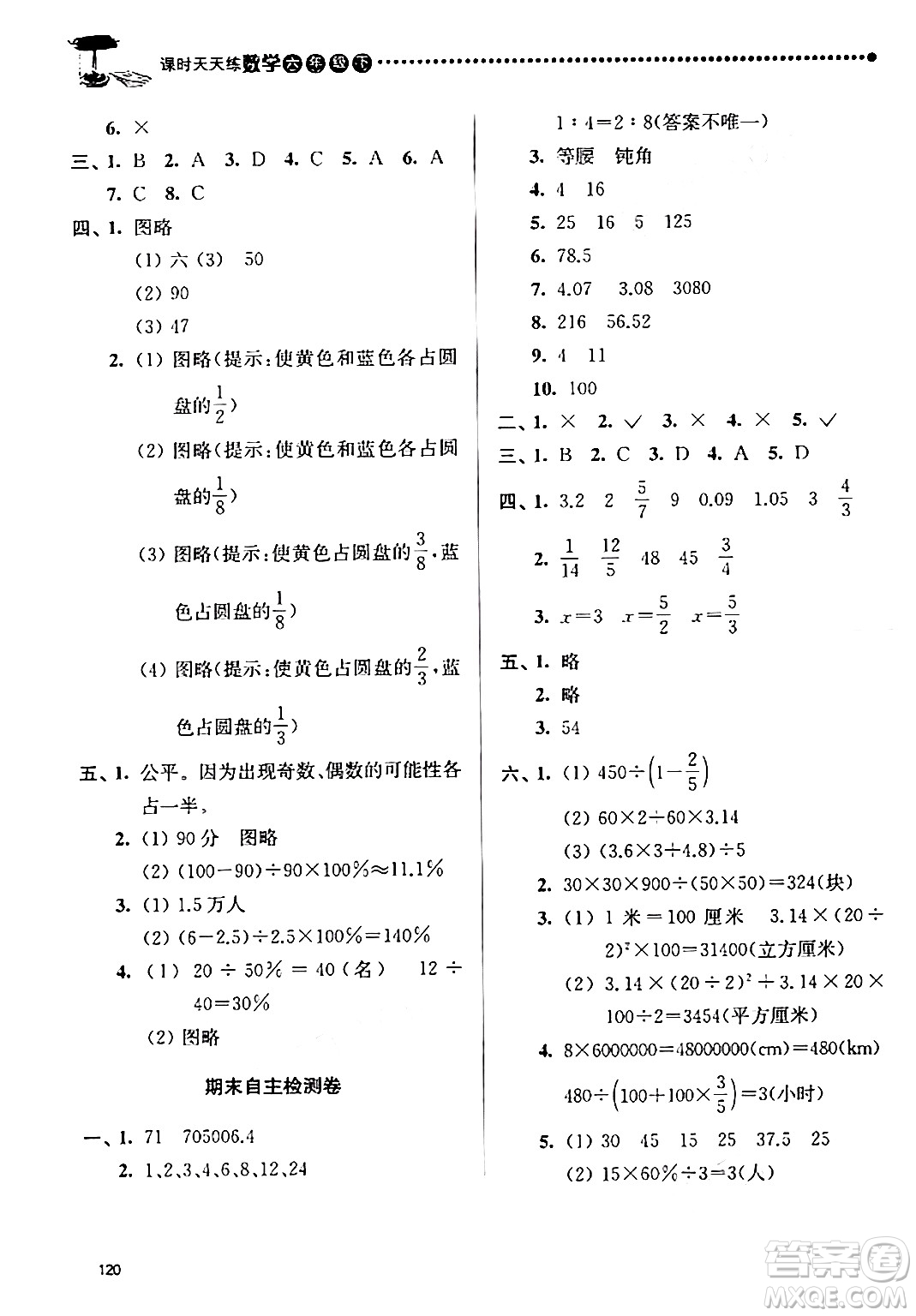 南京大學(xué)出版社2024年春課時(shí)天天練六年級數(shù)學(xué)下冊蘇教版答案