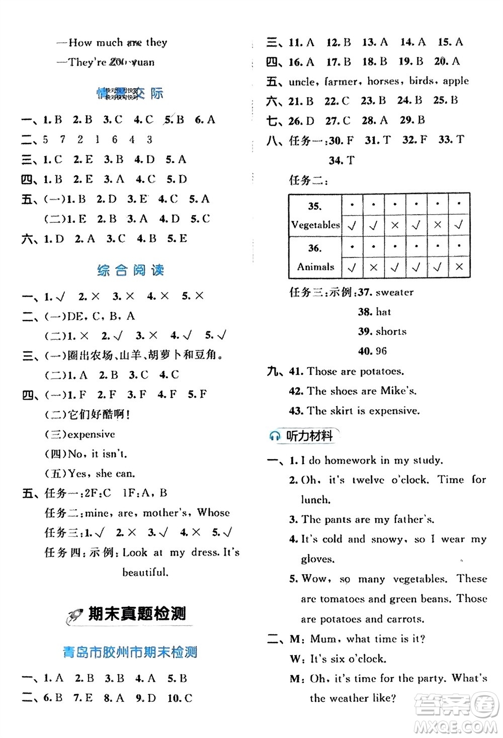 西安出版社2024春季53全優(yōu)卷四年級(jí)英語(yǔ)下冊(cè)人教PEP版參考答案