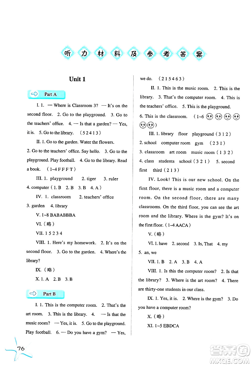 河北人民出版社2024年春同步訓(xùn)練四年級(jí)英語(yǔ)下冊(cè)人教版答案