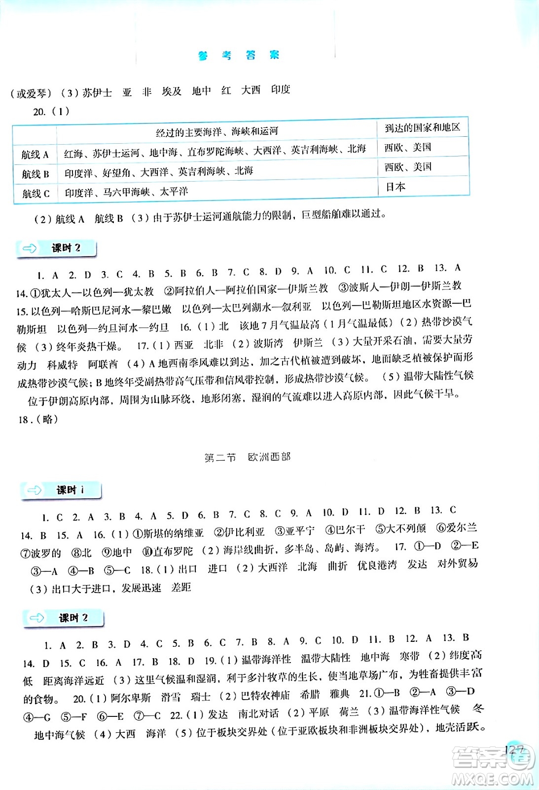 河北人民出版社2024年春同步訓(xùn)練七年級(jí)地理下冊(cè)人教版答案