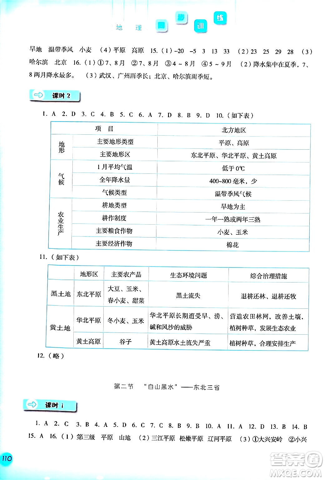 河北人民出版社2024年春同步訓(xùn)練八年級(jí)地理下冊(cè)人教版答案